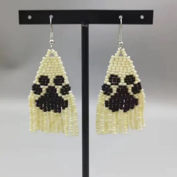 Paw Print Seed Bead Boho Tassel Earrings - Picture 4 of 4